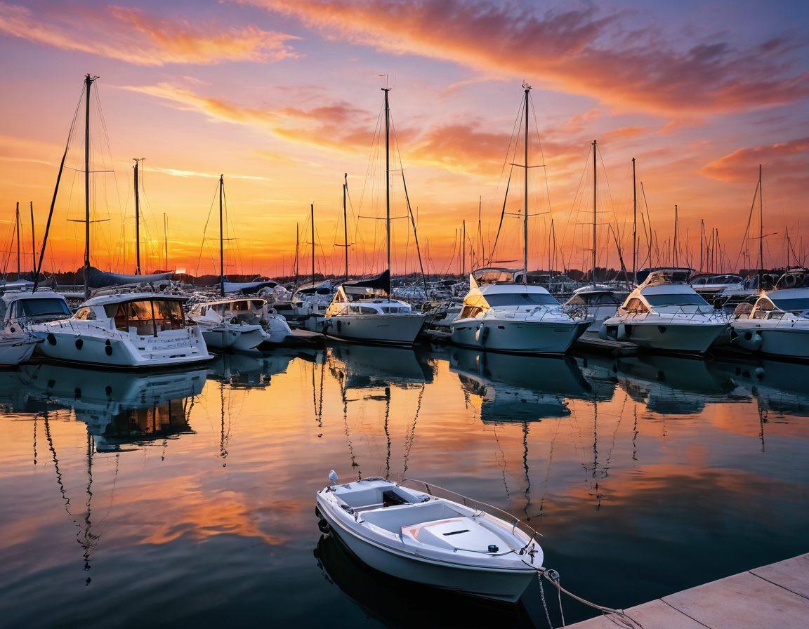 A serene marina at sunset, featuring various yachts and boats moored peacefully, while a knowledgeable figure muses over a detailed insurance policy document. Gentle waves reflect the warm colors of the sunset and a compass is subtly integrated into the scene, symbolizing guidance and navigation. Soft focus on the boats with clear details on the insurance document in the foreground. vibrant colors. super-realistic. tranquil atmosphere.