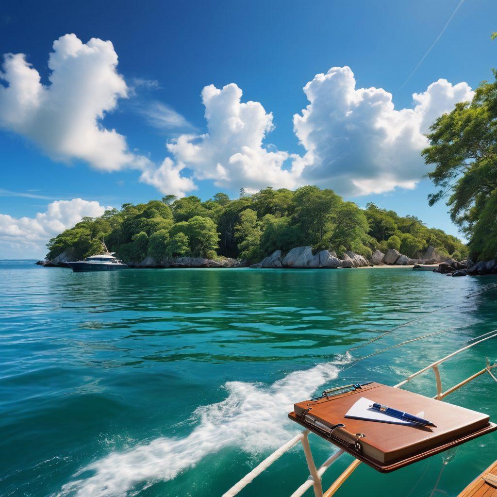 A serene sailing scene featuring a majestic yacht gliding across calm waters under a bright blue sky. In the foreground, show detailed elements of boat insurance like a clipboard with checklists, safety gear, and calming waves. Let the background depict distant shorelines with lush green trees and fluffy clouds, embodying adventure and security. vibrant colors. super-realistic.