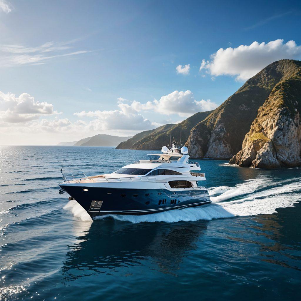 A luxurious yacht gliding through deep blue waters, surrounded by a serene coastal landscape. Include visual elements representing different yacht insurance options, such as shields, contracts, and safety gear, artistically integrated into the waves. The sky should be partly cloudy, hinting at potential storms to symbolize risk, while the sun shines brightly on the yacht to depict safety and protection. Emphasize a balance between adventure and security. super-realistic. vibrant colors. 3D.
